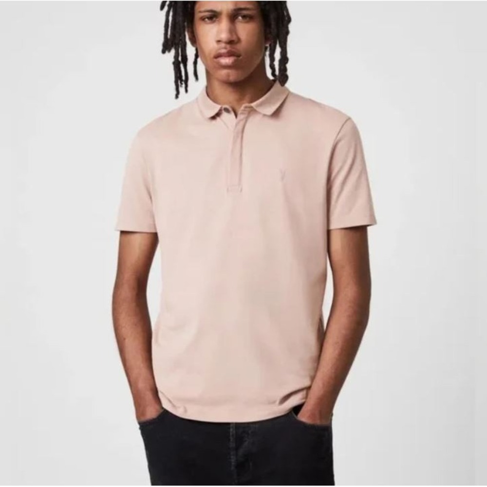 AllSaints Brace SS Polo Shirt Mens Small Pink Cotton Ramskull MD103H Slim Fit
